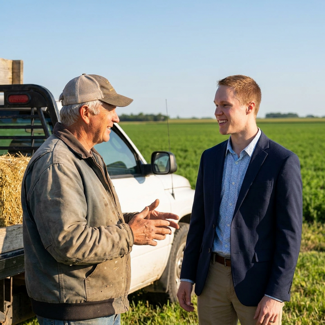 Kole discussing estate plans with a farming family
