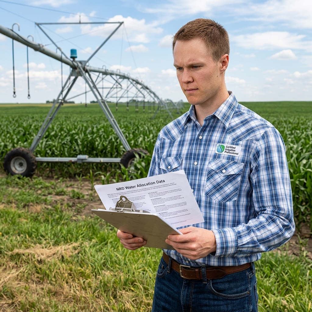 Kole reviewing NRD water allocation documents near center-pivot irrigation